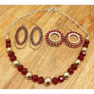 Red Rhinestone Jewelry Lot 3 Pc Ruby Crystal Bead Necklace Dangle Earrings Set